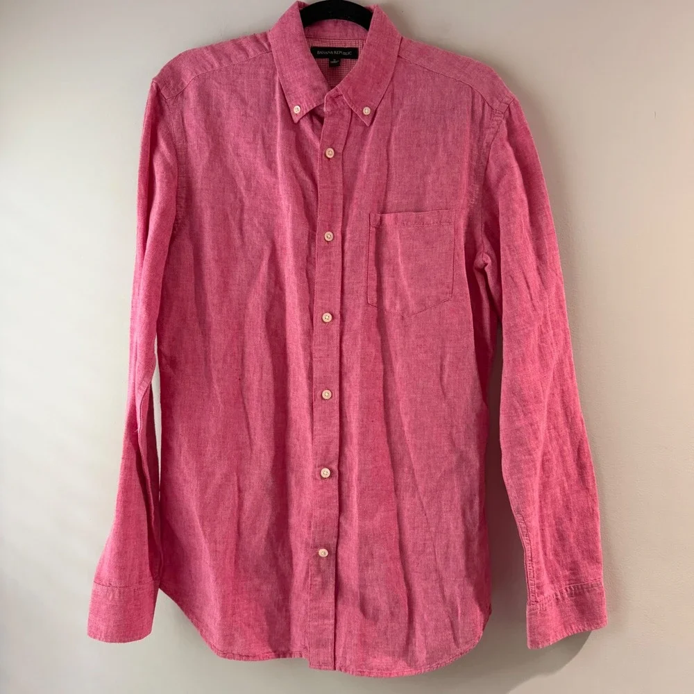 Banana‎ Republic Button Down Shirt Mens Small Pink Good Linen Cotton Long Sleeve